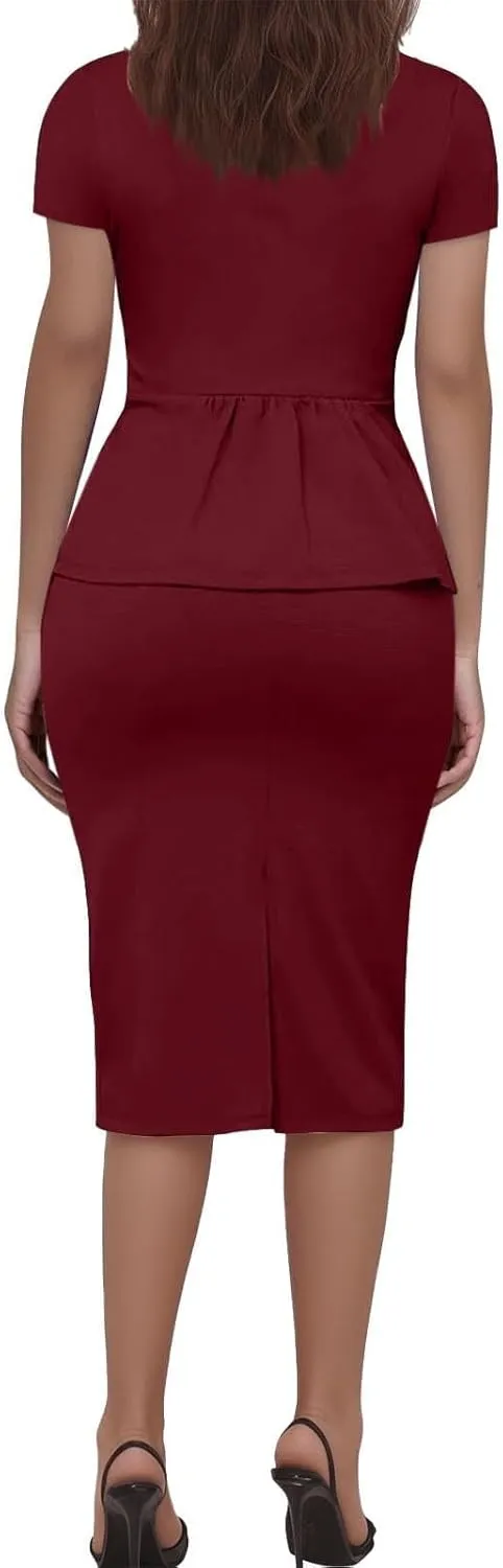 ZEFOTIM Skirt Suit Set for Women Professional Blazer Solid Color Petite Short Sleeve Two Piece Jacket with Pocket