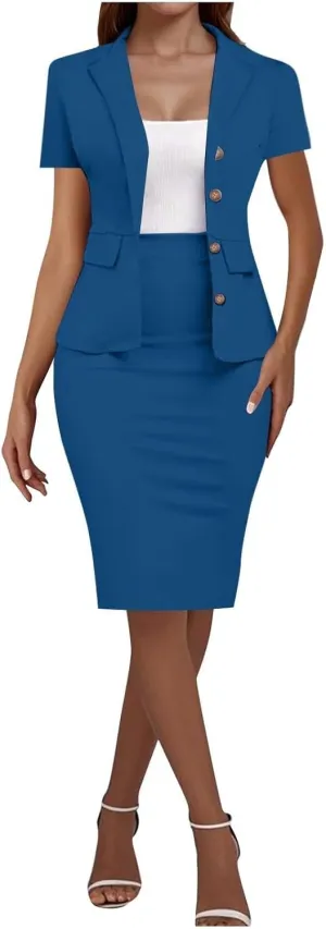 ZEFOTIM Skirt Suit Set for Women Professional Blazer Solid Color Petite Short Sleeve Two Piece Jacket with Pocket