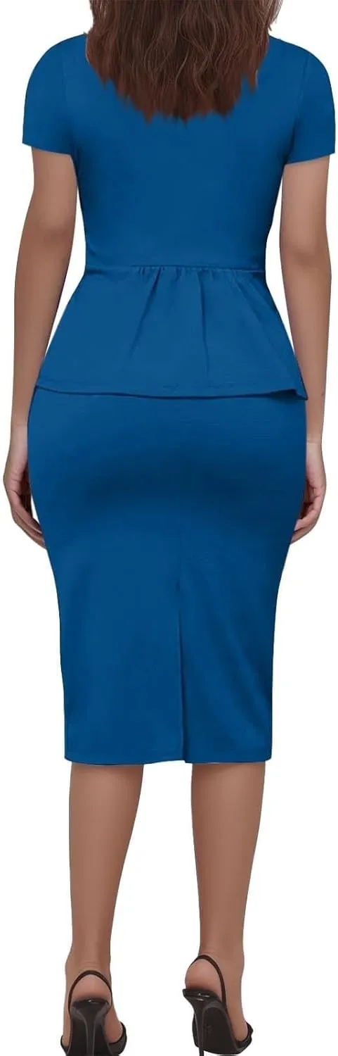ZEFOTIM Skirt Suit Set for Women Professional Blazer Solid Color Petite Short Sleeve Two Piece Jacket with Pocket