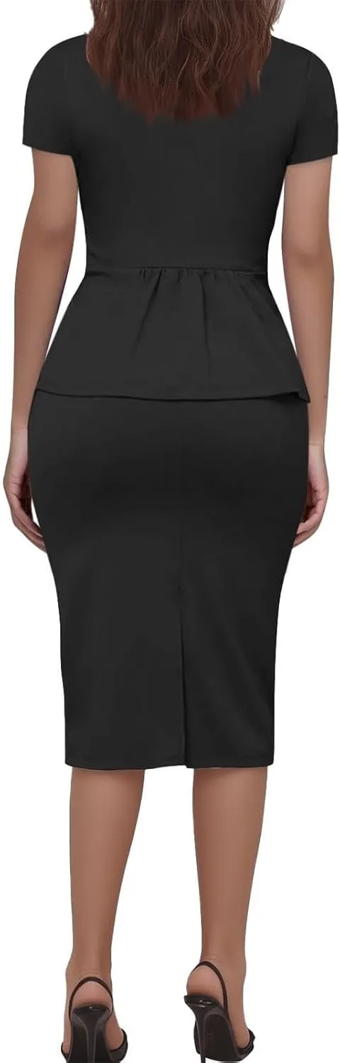 ZEFOTIM Skirt Suit Set for Women Professional Blazer Solid Color Petite Short Sleeve Two Piece Jacket with Pocket