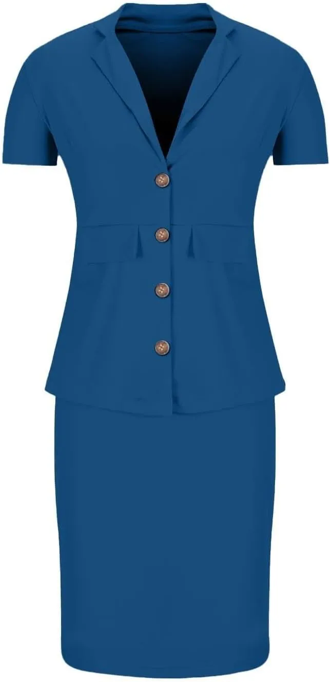 ZEFOTIM Skirt Suit Set for Women Professional Blazer Solid Color Petite Short Sleeve Two Piece Jacket with Pocket