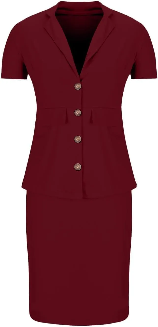 ZEFOTIM Skirt Suit Set for Women Professional Blazer Solid Color Petite Short Sleeve Two Piece Jacket with Pocket