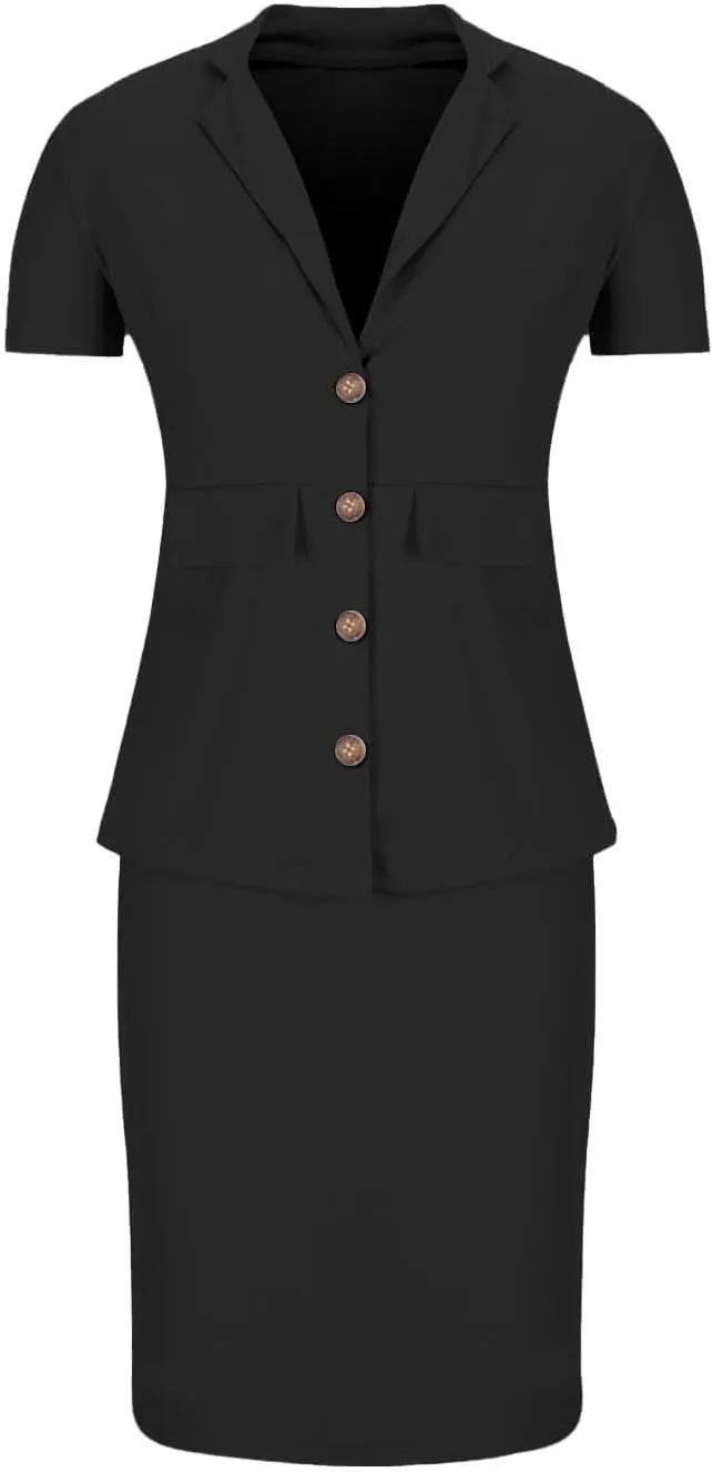 ZEFOTIM Skirt Suit Set for Women Professional Blazer Solid Color Petite Short Sleeve Two Piece Jacket with Pocket