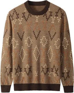 ZHILI Men's Retro Argyle Sweater Loose Crewneck Pullover Long Sleeve