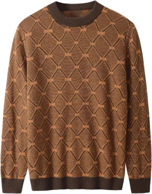 ZHILI Men's Retro Argyle Sweater Loose Crewneck Pullover Long Sleeve