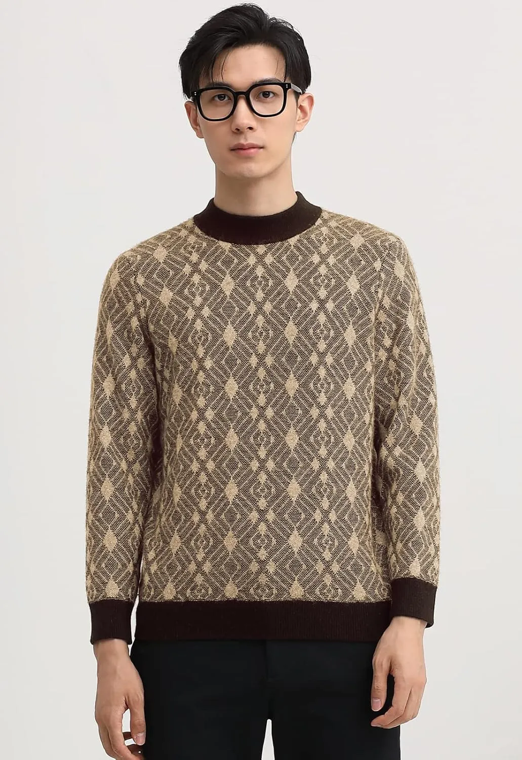 ZHILI Men's Retro Argyle Sweater Loose Crewneck Pullover Long Sleeve