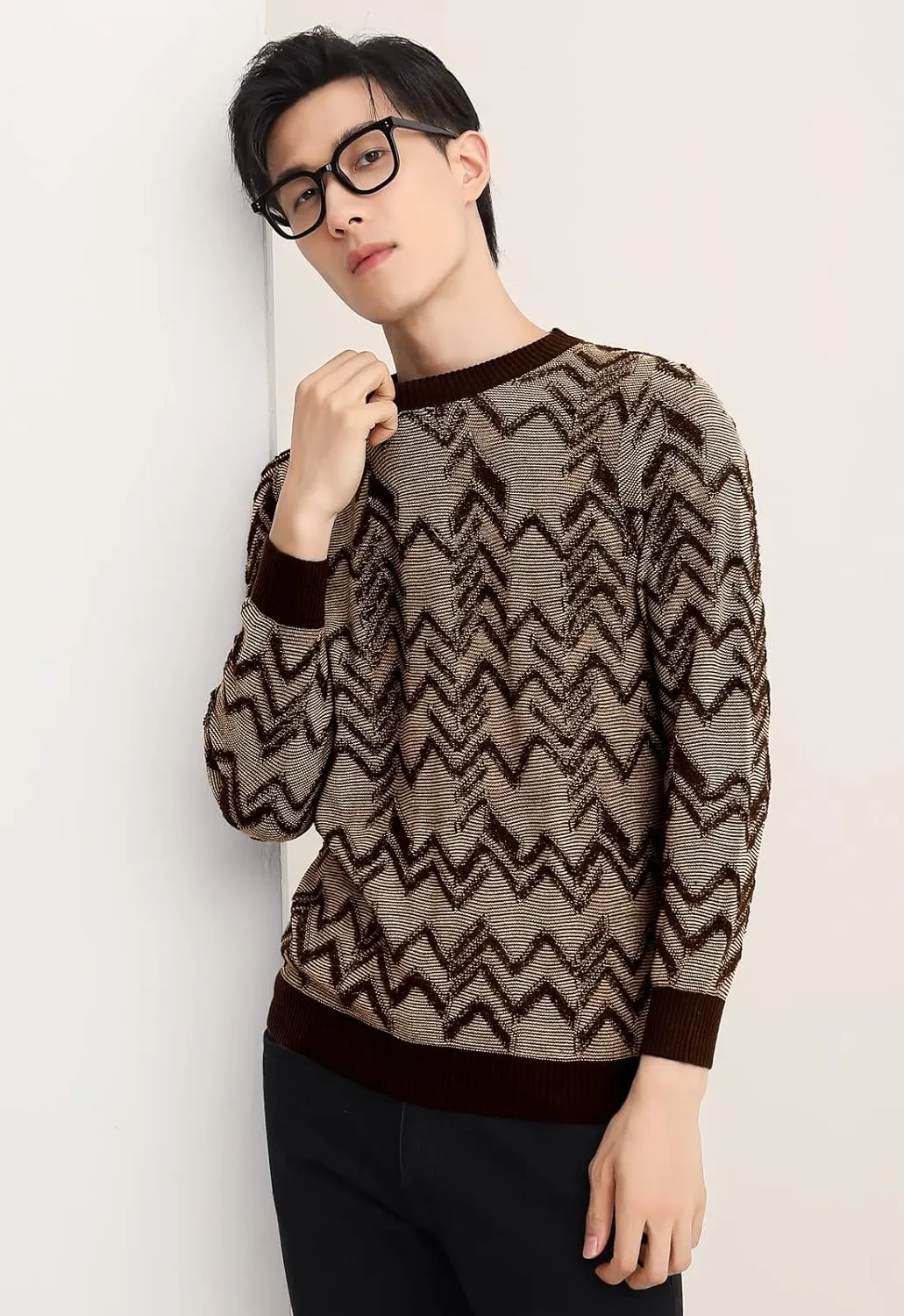 ZHILI Men's Retro Argyle Sweater Loose Crewneck Pullover Long Sleeve