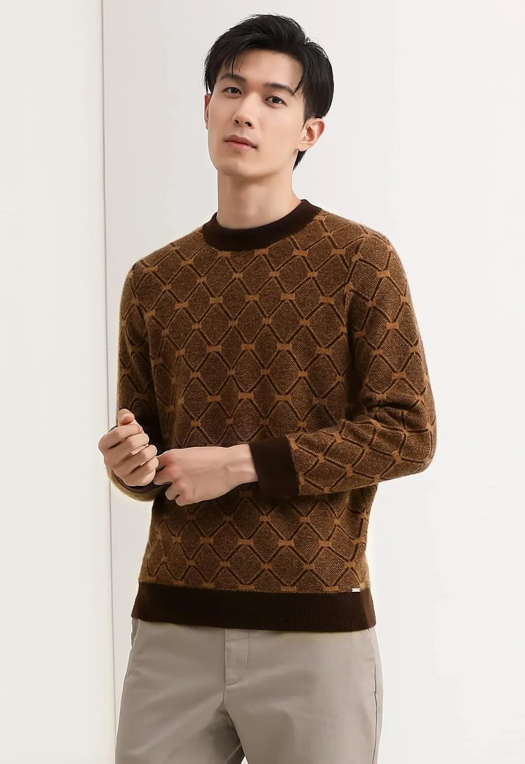 ZHILI Men's Retro Argyle Sweater Loose Crewneck Pullover Long Sleeve