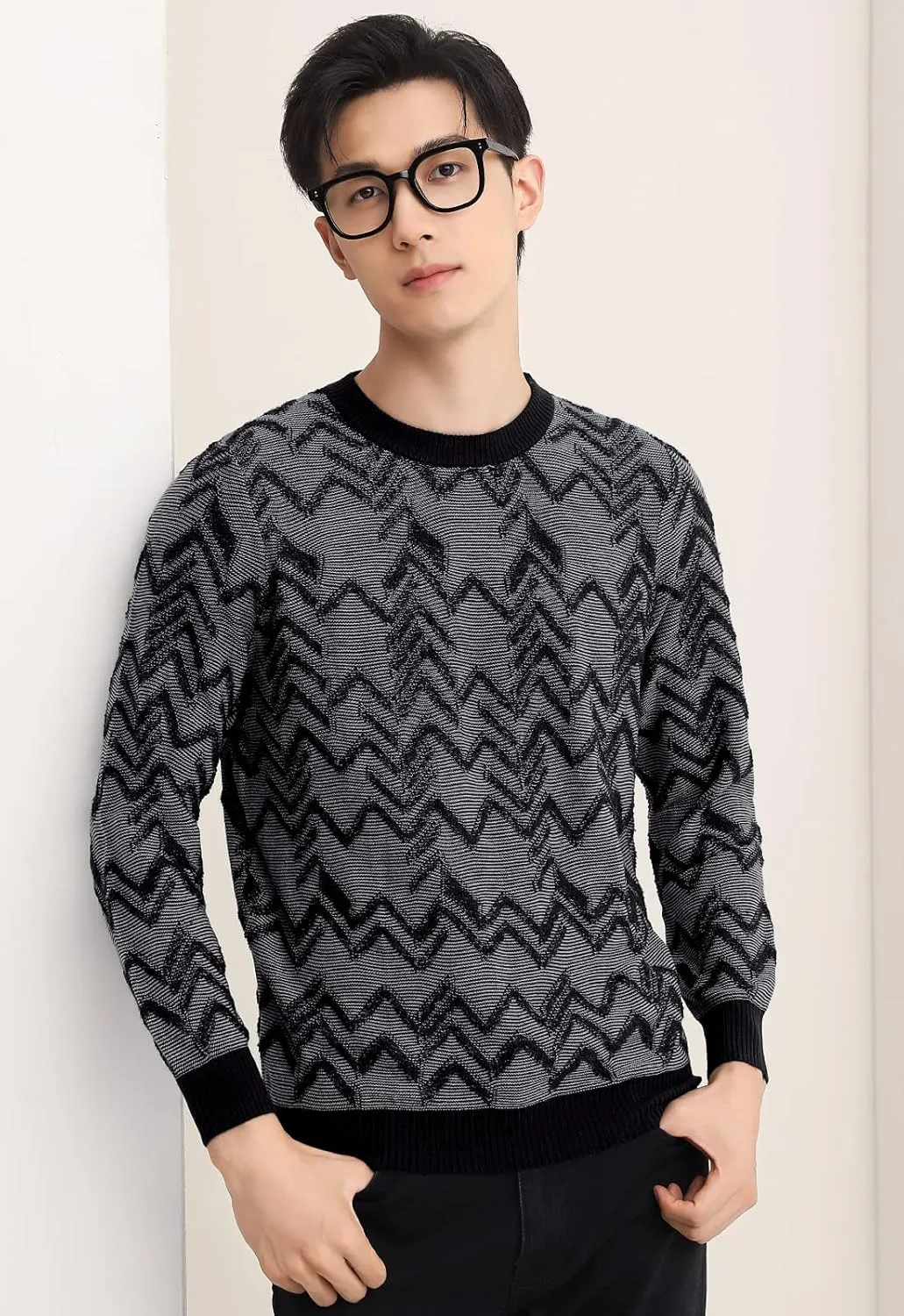 ZHILI Men's Retro Argyle Sweater Loose Crewneck Pullover Long Sleeve