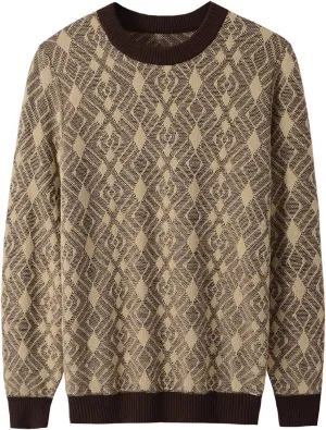 ZHILI Men's Retro Argyle Sweater Loose Crewneck Pullover Long Sleeve